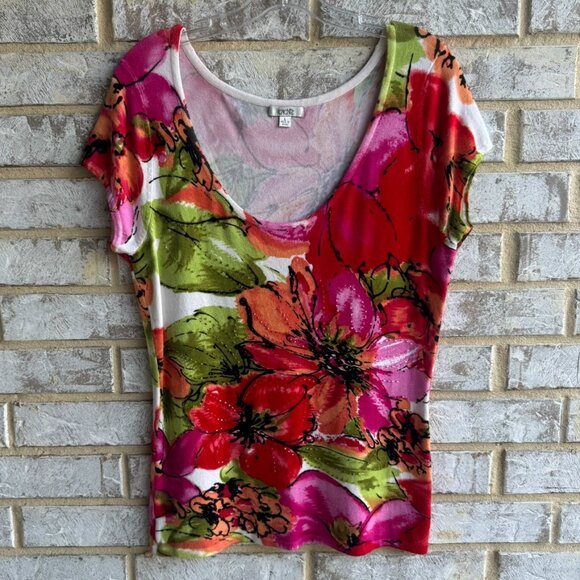 Cache Short Sleeve Scoop Neck Floral Beaded Sweatshirt T-Shirt Women's Size L - Picture 1 of 8